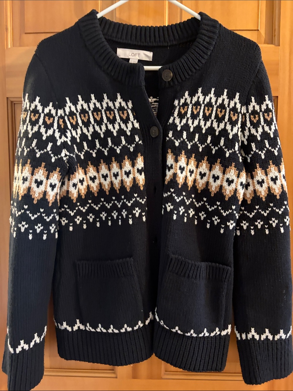 LOFT Black Fair Isle Cardigan with White and Tan Pattern
